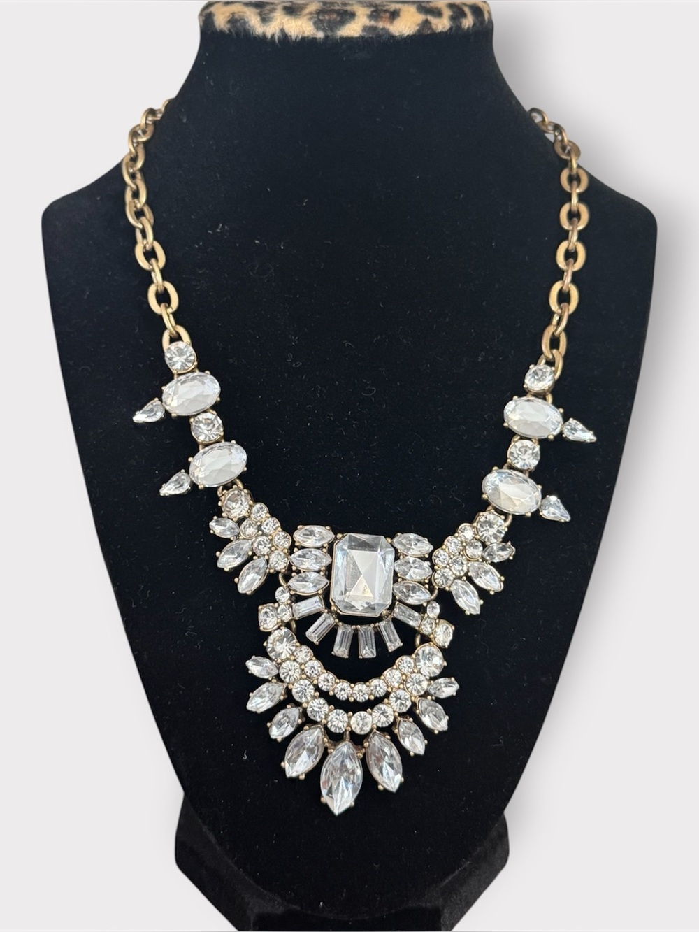 J.Crew Crystal Statement Necklace Gold Tone Clear Rhinestone Bib Glam